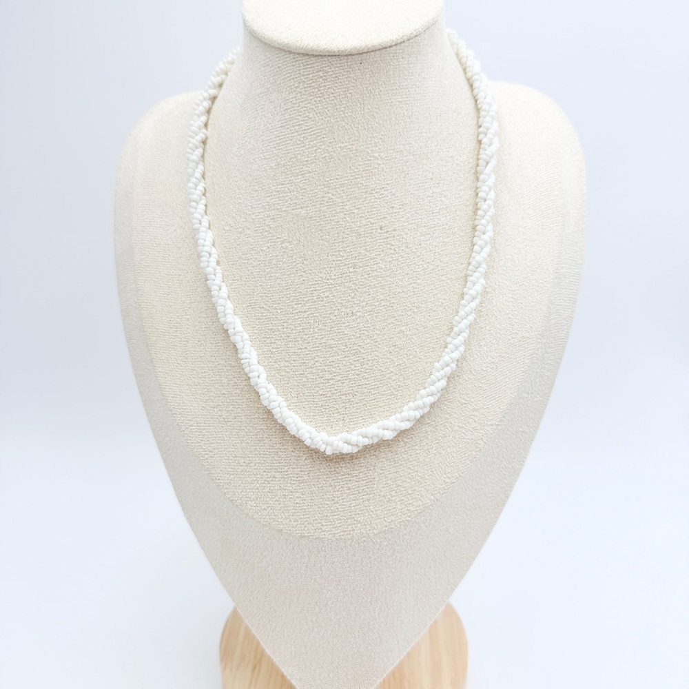 White Seed Bead Necklace Handmade Boho Minimalist Adjustable